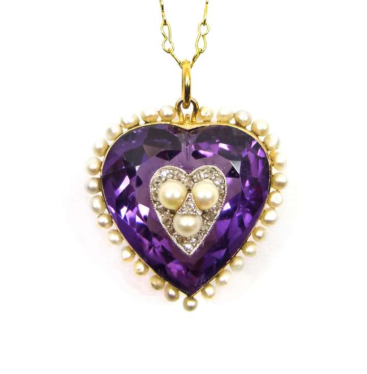 Antique amethyst, pearl and diamond heart pendant